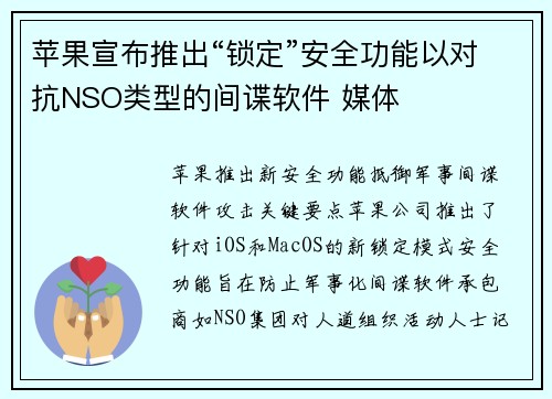 苹果宣布推出“锁定”安全功能以对抗NSO类型的间谍软件 媒体